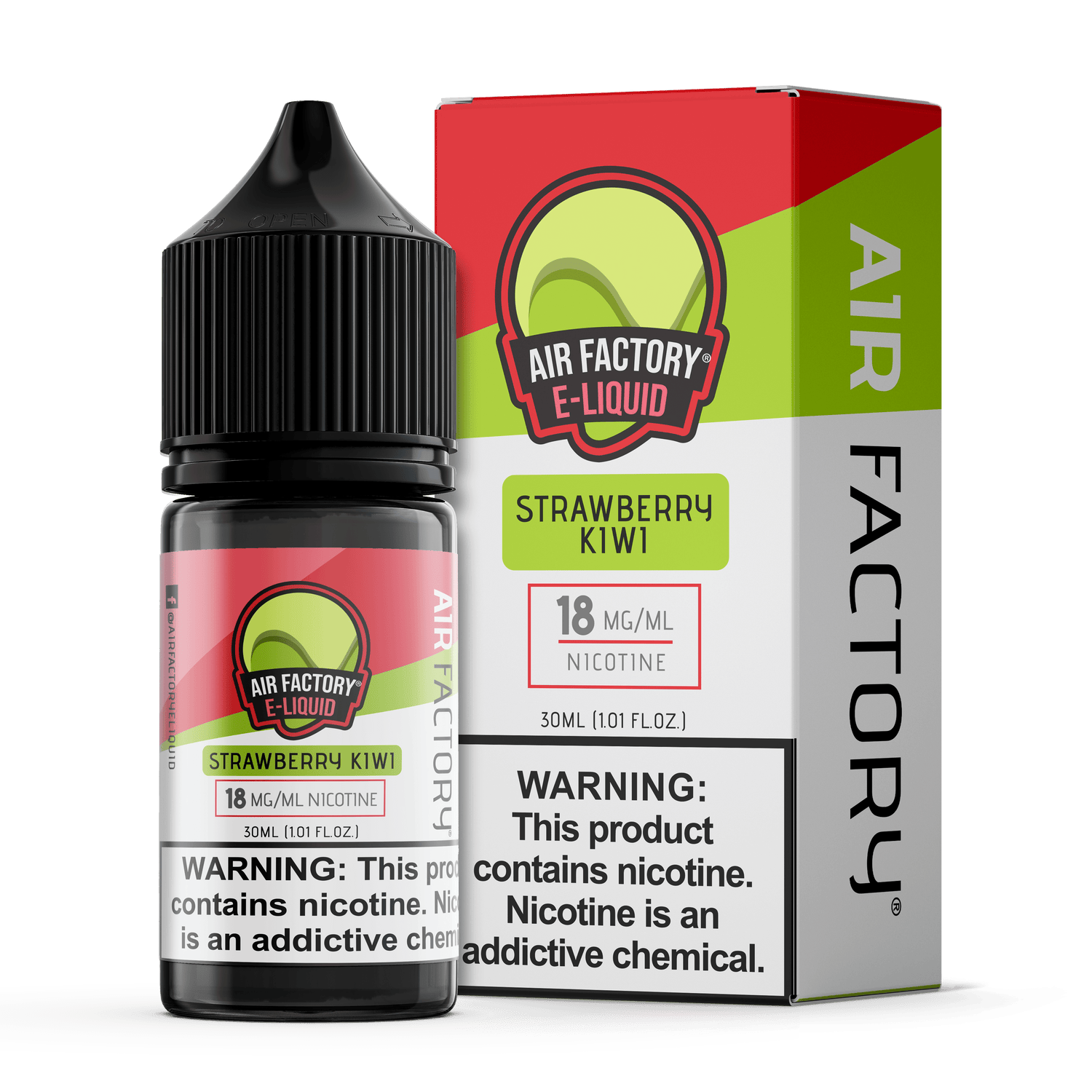 Air Factory Strawberry Kiwi e-liquid bottle and packaging on a white background