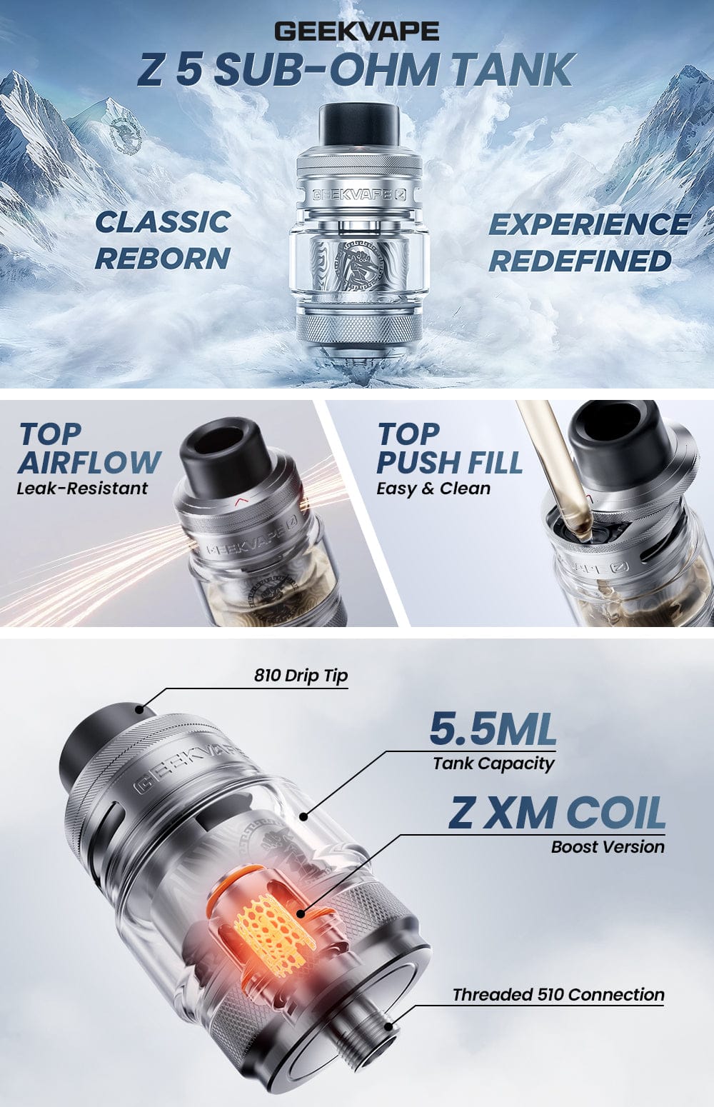 Geek Vape Z 5 Sub-Ohm Tank 5.5mL Leakproof Top Airflow Giant Vapes Geek Vape Z 5 Sub-Ohm Tank 5.5mL Leakproof Top Airflow Giant Vapes