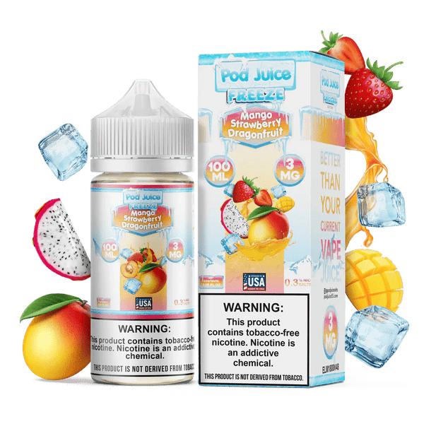 Flavor purity icy vape, fruit flavor under extreme ice, vape flavor preservation, strawberry mango flavor illustration - Mango Strawberry Dragonfruit FREEZE - Pod Juice | Giant Vapes