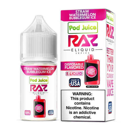 Straw Watermelon Bubblegum ICE SALT - Pod Juice x Raz E-Liquid - 30mL