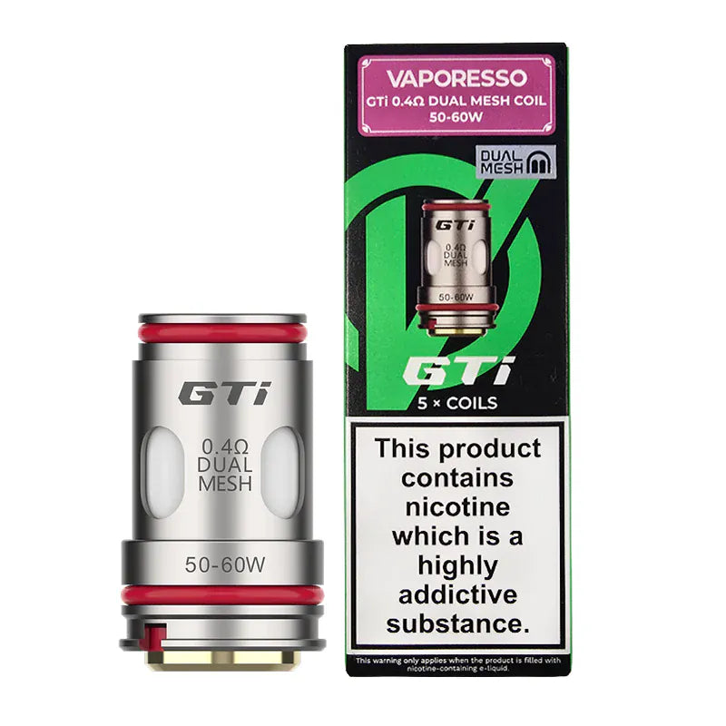 Vaporesso GTi 0.4 ohm dual mesh vape coil with packaging on a white background
